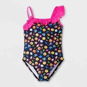 Emoji Girls One Piece Swimsuit Ruffle Shoulder L